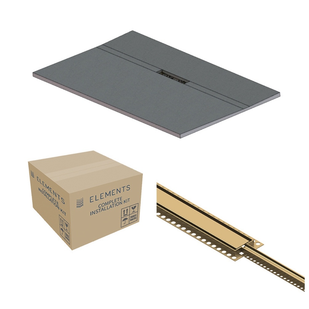 Product cut out image of the Abacus Elements Linear Uno 1600mm x 900mm Brushed Brass Offset Drain Wetroom Former Kit